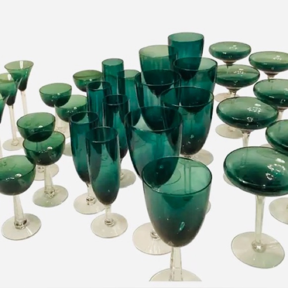 Vintage French emerald color crystal stemware collection perfect for any holiday